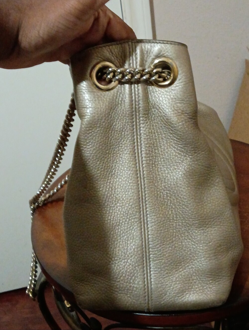 Gold Leather Shoulder Bag with Tassel Chain Strap - Picture 10 of 16